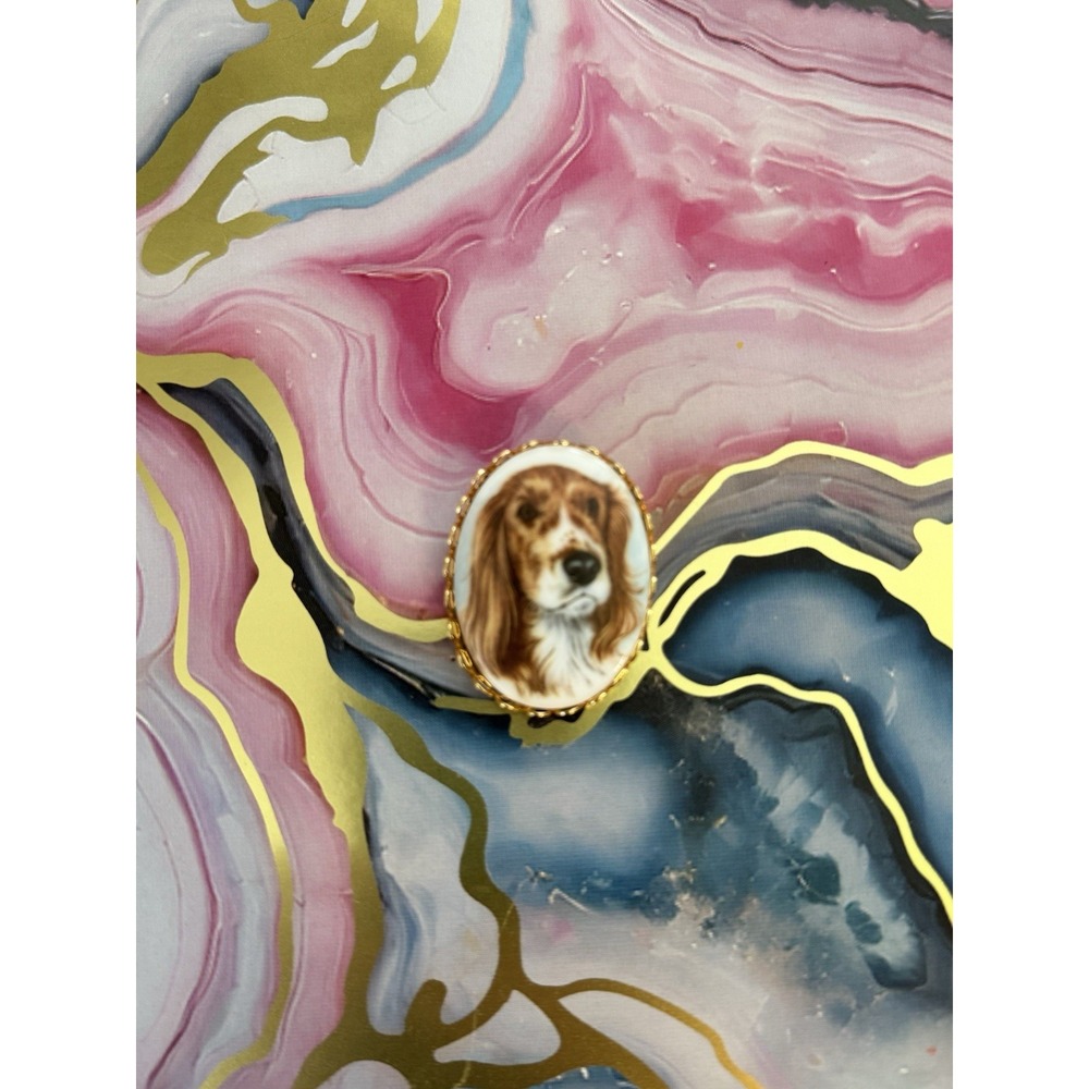 Vintage China or Porcelain Transfer Oval Pin Brooch Spaniel Hound Beagle NWOT‎ - Picture 7 of 15